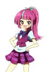  1girl :d animification blunt_bangs blush bow bowtie bright_pupils colored_skin commentary_request cowboy crystal_prep_academy_school_uniform equestria_girls:_friendship_games eyeshadow flat_chest freckles green_eyeshadow green_streaks hair_ornament hands_on_own_hips highres long_hair looking_at_viewer lottemkmkd makeup multicolored_hair my_little_pony my_little_pony:_equestria_girls my_little_pony:_friendship_is_magic pink_hair plaid_clothes plaid_skirt pleated_skirt ponytail purple_bow purple_bowtie purple_eyes purple_skirt purple_vest school_uniform shirt simple_background skirt smile solo sour_sweet standing streaked_hair tachi-e transparent_background vest white_shirt yellow_skin 