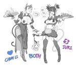  2girls absurdres animal_ears apron bell bow bowtie bracelet breasts cake cake_slice cammy_white cat_ears cat_girl cat_tail chun-li cleavage cleavage_cutout clothing_cutout commentary drink drinking_straw elbow_gloves english_commentary food gloves han_juri high_heels highres holding holding_food jewelry jingle_bell large_breasts like_and_retweet maid maid_apron maid_headdress micro_bra multiple_girls navel navel_cutout pantyhose pasties paw_print sauce sentron spiked_bracelet spikes squeezing street_fighter tail thighhighs thighs tray twintails underboob 