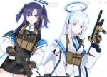  2girls black_suit blue_archive blue_hair blue_halo chest_rig commentary_request gloves hair_ornament halo headgear highres holding holding_weapon looking_at_viewer mechanical_halo multiple_girls noa_(blue_archive) null_0022 off-shoulder_jacket off_shoulder purple_eyes shirt simple_background suit weapon weapon_request white_background white_hair white_halo white_shirt white_suit yuuka_(blue_archive) 