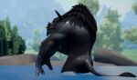 2026 3_fingers 3d_(artwork) anthro araphon bathing black_body black_fur blizzard_entertainment bodily_fluids bovid bovine cattle digital_media_(artwork) facial_piercing fingers fur grin gulako hair hi_res horn looking_at_viewer looking_back male mammal mane mane_hair muscular muscular_anthro muscular_male nature_background naughty_face nose_piercing nose_ring nude piercing pond rear_view ring_piercing smile smiling_at_viewer smirk smirking_at_viewer solo solo_focus standing sweat tauren warcraft water wet wet_body