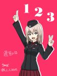  1girl artist_name black_hat black_jacket blue_eyes commentary dress_shirt drop_shadow garrison_cap girls_und_panzer grey_hair hat highres index_finger_raised insignia itsumi_erika jacket kuromorimine_military_uniform long_sleeves looking_at_viewer medium_hair military_hat military_uniform number_pun open_mouth pink_background pleated_skirt red_shirt red_skirt s_l_c_dive shirt signature skirt smile solo standing translated twitter_username v wing_collar 