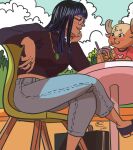  1boy 1girl antlers black_hair blue_eyes blunt_bangs blush cloud commentary crossed_legs denim drinking_straw glasses head_rest highres horns jeans jewelry long_hair necklace nico_robin one_piece outdoors pants reindeer_antlers ring sitting smile tony_tony_chopper yohohobao 
