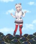  1girl black_skirt blue_sky blunt_bangs blurry bright_pupils cloud commentary_request day depth_of_field double_bun downturned_eyes eyepatch full_body grey_hair hair_bun hands_up heaven_burns_red kusu_any looking_at_creature looking_down medium_hair miniskirt outdoors pleated_skirt red_eyes red_thighhighs sidelocks skirt sky sleeves_past_wrists slime_(creature) smile solo standing sweater thigh_strap thighhighs twintails white_pupils white_sweater yamawaki_bon_ivar yellow_eyes zettai_ryouiki 