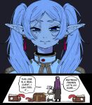  2girls bags_under_eyes black_coat capelet chainsaw_man coat earrings elf english_text fern_(sousou_no_frieren) frieren green_eyes grey_hair hair_over_shoulder half-closed_eyes jewelry kneeling long_pointy_ears messy_hair mimic mimic_chest multiple_girls parted_bangs pointy_ears purple_hair reze's_eye_twitch_(chainsaw_man) saliva scene_reference sharp_teeth sousou_no_frieren speech_bubble straight-on sweat teardrop_earrings teeth thick_eyebrows tongue twintails upper_body v-shaped_eyebrows wanderjegson wet white_capelet 