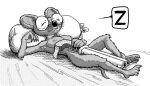 anthro armpit_tuft big_ears breasts claws eyewear feet female glasses greyscale gun hatching_(art) hieronymusjohnson holding_object lying mammal monochrome murid murine neck_tuft nipples on_back onomatopoeia ranged_weapon rat rodent sack shaded simple_background sleeping sleeping_nude solo sound_effects tail text tuft vowelless vowelless_sound_effect weapon whiskers white_background zzz