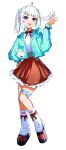  1girl absurdres ahoge alternate_costume blue_eyes blue_jacket blunt_bangs bow chattdraws densetsu.exe full_body gradient_hair green_hair hair_bow hair_ornament highres jacket leg_warmers looking_at_viewer mint_fantome multicolored_hair open_mouth pointy_ears red_skirt shirt skirt smile solo standing thigh_strap thighs twintails virtual_youtuber white_background white_hair white_shirt wisps_(mint_fantome) x_hair_ornament 