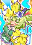  1girl @_@ absurdres alternate_hairstyle arm_up blush cheerleader commentary_request cross-laced_clothes double_bun frilled_skirt frills from_above ghost_tail green_eyes green_hair green_skirt green_tank_top hair_bun heart heart_tail highres holding holding_pom_poms lightning_bolt_symbol looking_at_viewer ofuda ofuda_on_clothes ofuda_on_leg open_mouth pleated_skirt pom_pom_(cheerleading) sirabai_hiro skirt soga_no_tojiko soga_no_tojiko_(ghost_of_the_overly_divine_descendant) tail tank_top touhou touhou_lostword visor_cap 