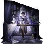  1girl artist_request belt bird black_belt black_hair black_lips black_shirt blue_apple broken_mirror brown_eyes brown_pants coat erlenmeyer_flask eye_print fern flask food forceps fruit grapes highres lab_coat measuring_cylinder mirror multicolored_hair official_art orange_(fruit) orange_slice pants parted_lips path_to_nowhere pill portrait_(object) purple_streaks round-bottom_flask shirt stained_clothes streaked_hair swan syringe table tablecloth test_tube test_tube_rack uni_(path_to_nowhere) white_coat 