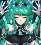  1girl armor bangs breasts cleavage closed_eyes closed_mouth earrings gloves glowing green_eyes highres jewelry long_hair meowyin pneuma_(xenoblade) ponytail smile solo tiara white_gloves xenoblade_chronicles_(series) xenoblade_chronicles_2 