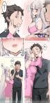  1boy 1girl blush breasts commentary elf emilia_(re:zero) flower hair_flower hair_ornament highres kiss large_breasts looking_at_another natsuki_subaru pointy_ears purple_ribbon re:zero_kara_hajimeru_isekai_seikatsu ribbon rose untranslatable_commentary white_flower white_rose x_hair_ornament zerobarto 