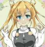  1girl abukuma_(kancolle) black_dress blonde_hair blue_eyes blush double_bun dress gakky hair_between_eyes hair_rings kantai_collection long_hair looking_at_viewer official_alternate_costume one-hour_drawing_challenge smile solo sweater white_sweater zipper_pull_tab 