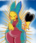  2022 anthro blackmore blue_background breasts clothing cloud digital_drawing_(artwork) digital_media_(artwork) eyes_closed female hi_res highlights_(coloring) light mammal nintendo pikachu pok&eacute;mon pok&eacute;mon_(species) praying raised_tail religion simple_background smile solo solo_focus video_games virgen_de_guadalupe 