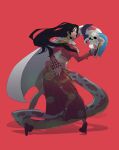  1girl absurdres animal black_hair bluezald boa_hancock cape commentary crop_top earrings english_commentary epaulettes floating_hair forked_tongue full_body high_heels highres jewelry kuja_pirates_jolly_roger long_hair long_sleeves looking_back one_piece red_background red_shoes red_skirt salome_(one_piece) shadow shoes side_slit simple_background skirt skull snake snake_earrings tongue white_cape 