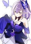  1girl bare_shoulders breasts bug butterfly butterfly_hair_ornament castorice_(gossamer_flutter)_(honkai:_star_rail) castorice_(honkai:_star_rail) commentary_request detached_collar detached_sleeves dress from_above hair_ornament hand_on_own_chest highres holding_own_dress honkai:_star_rail honkai_(series) long_hair looking_at_viewer medium_breasts morocha1130 pointy_ears purple_dress purple_eyes purple_hair simple_background smile solo unfinished very_long_hair white_background 