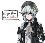  1girl android bow carvi_be_happy chuunibyou dushevnaya_(girls'_frontline_2) english_text girls'_frontline girls'_frontline_2:_exilium green_eyes hair_between_eyes hair_bow hair_ornament hat highres joints ksvk_(girls'_frontline) mechanical_arms robot_joints solo speech_bubble white_background white_hair 