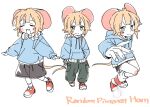  1girl animal_ears blue_hoodie commentary english_commentary food hood hoodie looking_at_viewer mouse_ears multiple_persona multiple_views original pestchandesu shoes short_hair smile tail 