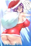 1girl ass blush breasts christmas commentary_request covering_nipples covering_privates dress from_behind hat highres holding holding_sack kido_ayame_(kimi_wa_008) kimi_wa_008 large_breasts leaning_forward long_hair looking_back matsuena_shun official_art purple_eyes purple_hair red_dress red_hat sack santa_costume santa_dress santa_hat short_dress solo speech_bubble standing thighs 