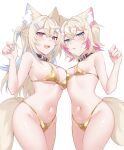  2girls alonekm alternate_costume animal_ear_fluff animal_ears asymmetrical_docking bandaid bandaid_hair_ornament bikini blonde_hair blue_eyes blue_hair blue_nails breast_press breasts collar commentary_request dog_ears dog_girl dog_tail fuwawa_abyssgard gold_bikini hair_intakes hair_ornament highres hololive hololive_english large_breasts long_hair mococo_abyssgard multiple_girls navel open_mouth pink_eyes pink_hair pink_nails short_hair siblings sideboob simple_background sisters small_breasts stomach sweatdrop swimsuit tail twins underboob virtual_youtuber white_background x_hair_ornament 