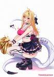  1girl ahoge bare_shoulders blonde_hair breasts cheerleader cissia_(zenless_zone_zero) commentary hair_between_eyes hair_ornament highres large_breasts long_hair open_mouth pleated_skirt pom_pom_(cheerleading) red_eyes simple_background skirt smile snake snake_girl snake_tail squatting tail tomatolaccoon untranslatable_commentary white_background white_snake zenless_zone_zero 