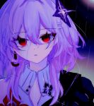  amanume bare_shoulders close-up commentary evernight_(honkai:_star_rail) hair_between_eyes hair_ornament hairclip highres honkai:_star_rail honkai_(series) march_7th_(honkai:_star_rail) medium_hair purple_eyes rain red_eyes serious shirt wet white_shirt 