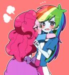  2girls animification antenna_hair blue_eyes blue_jacket blue_skin blush bow colored_skin commentary_request curly_hair eye_contact flat_chest flustered flying_sweatdrops hug jacket long_hair looking_at_another lottemkmkd multicolored_hair multiple_girls my_little_pony my_little_pony:_equestria_girls my_little_pony:_friendship_is_magic nervous open_clothes open_jacket open_mouth outline pink_eyes pink_hair pink_skin pink_skirt pinkie_pie pinkie_pie_(equestria_girls) puff_of_air purple_bow rainbow_dash rainbow_dash_(equestria_girls) rainbow_hair red_background shirt simple_background skirt white_outline white_shirt yuri 