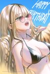  1girl aqua_eyes bikini black_bikini black_hair black_streaks blonde_hair blue_background breasts commentary_request curtained_hair fangs fuyuumikou happy_birthday highres hololive hololive_dev_is koganei_niko large_breasts long_hair multicolored_hair open_mouth round_eyewear simple_background slit_pupils solo streaked_hair sunglasses swimsuit tiger upper_body virtual_youtuber 