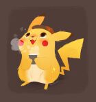  brown_background brown_eyes brown_hat coffee commentary cup detective_pikachu_(character) detective_pikachu_(series) disposable_cup_holder english_commentary hat highres holding holding_cup kimmy_arts no_humans pikachu pokemon pokemon_(creature) signature solo steam 