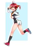  absurdres antenna_hair ass bickle_(bickle1983) black_sailor_collar full_body highres isshiki_akane looking_at_viewer national_shin_ooshima_school_uniform neckerchief open_mouth orange_eyes red_footwear red_hair round_teeth running sailor_collar salute school_uniform scrunchie serafuku shoes short_hair short_shorts shorts smile sneakers teeth twintails upper_teeth vividred_operation yellow_neckerchief 