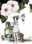  1girl absurdres black_eyes black_hair braid bug butterfly butterfly_net caterpillar commentary crt diorama dress flower full_body hand_net hat hibiscus highres holding jitome leaf looking_at_viewer medium_hair mushroom original painting_(medium) parted_lips pinkxxxna sailor sailor_dress shoes solo sprout standing sun_hat sunflower television traditional_media twin_braids watercolor_(medium) white_background white_flower 