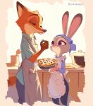  1boy 1girl animal_ears animal_nose apron baking blue_pants blue_shirt blueberry blueberry_pie commentary food fox_boy fox_ears fox_tail fruit furry furry_female furry_male green_shirt grey_apron highres holding holding_food indoors judy_hopps kitchen nick_wilde official_style oven_mitts pants pie purple_eyes rabbit_ears rabbit_girl rabbit_tail shirt smile tail tomoe_(shoushou781) white_apron zootopia 