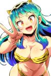  1girl animal_print aono3 bikini blue_eyes breasts cleavage collarbone commentary_request cone_horns fur_bikini green_hair hand_up highres horns large_breasts long_hair looking_at_viewer lum navel oni open_mouth pointy_ears print_bikini simple_background small_horns smile solo strapless strapless_bikini swimsuit tiger_print urusei_yatsura v white_background yellow_bikini yellow_horns 