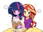  2girls animification aqua_eyes blanket blonde_hair blue_hair blunt_bangs blush book colored_skin commentary_request equestria_girls:_rainbow_rocks heart heart_print holding holding_book holding_pen hug hug_from_behind long_hair looking_down lottemkmkd multicolored_hair multiple_girls musical_note my_little_pony my_little_pony:_equestria_girls my_little_pony:_friendship_is_magic official_alternate_costume orange_skin pajamas pen pink_streaks purple_eyes purple_skin purple_streaks red_hair simple_background sparkle spoken_blush spoken_musical_note streaked_hair sunset_shimmer sunset_shimmer_(human) twilight_sparkle twilight_sparkle_(human) two-tone_hair white_background writing yuri 