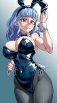  1girl alternate_costume animal_ears bare_shoulders black_bow black_bowtie black_leotard blue_hair blush bow bowtie breasts brown_eyes cleavage closed_mouth commission covered_navel detached_collar fake_animal_ears fake_tail fire_emblem fire_emblem:_three_houses grey_pantyhose hair_down highleg highleg_leotard highres large_breasts laz_gm leotard lips looking_at_viewer marianne_von_edmund medium_hair pantyhose pink_lips playboy_bunny rabbit_ears rabbit_tail short_hair sidelocks signature simple_background smile solo strapless strapless_leotard tail thighs wrist_cuffs 