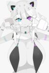  android animal_ears arms_up barcode bikini black_bikini blue_eyes breasts cat_ears commentary_request facial_mark fake_animal_ears hair_ornament hands_on_own_face heterochromia highres huge_breasts long_bangs mecha_musume mechanical_arms mechanical_ears mechanical_hands nanatsuki_sousuke original pale_skin purple_eyes short_hair simple_background smile swimsuit white_background 