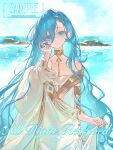  1girl 37_(reverse:1999) absurdres adjusting_hair ancient_greek_clothes armlet bare_shoulders blue_eyes blue_hair blue_sky chinese_commentary cloud commentary_request commission day gold_choker greco-roman_clothes gugu_(mirukai) hair_between_eyes hand_in_own_hair head_tilt highres jewelry long_hair looking_at_viewer ocean outdoors reverse:1999 rock sample_watermark sky smile solo toga upper_body very_long_hair watermark 