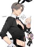  1231567118 1boy :p animal_ear_hairband animal_ears black_bow black_bowtie black_hairband black_jacket black_pants bow bowtie brown_hair chibi closed_mouth clothes_pull collarbone commentary_request cowboy_shot cropped_jacket fake_animal_ears fingernails from_side hairband hand_on_own_hip hand_up heart heshikiri_hasebe highres jacket light_blush light_smile male_focus male_playboy_bunny nipples one_eye_closed pants parted_bangs pectoral_cleavage pectorals purple_eyes rabbit_ear_hairband rabbit_ears shirt_pull short_hair simple_background spoken_sound_effect toned toned_male tongue tongue_out touken_ranbu veins veiny_hands white_background 