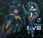  1girl animal_ear_fluff animal_ears aqua_background arm_behind_back armpits ass_visible_through_thighs bare_shoulders beret black_gloves black_hair blue_boots blue_eyes blue_hat blue_leotard blue_sleeves blunt_bangs boots breasts brown_pantyhose cameltoe capital_ship_(eve_online) carrier_(eve_online) cat_ears cat_girl cat_tail collarbone combat_ship_(eve_online) commentary_request copyright_logo copyright_name creodron_(eve_online) dated detached_sleeves electronic_warfare_ship_(eve_online) eve_online fishnet_pantyhose fishnets full_body gallente_federation_(eve_online) gloves glowing glowing_eyes glowing_footwear hand_up hat head_tilt heavy_fighter_(eve_online) hexagon holding honeycomb_(pattern) honeycomb_background leotard logo looking_at_viewer mecha_musume medium_breasts navel nyx_(eve_online) pantyhose partial_commentary personification science_fiction short_hair slit_pupils solo spacecraft starfighter stomach super_capital_ship_(eve_online) supercarrier_(eve_online) tail thigh_boots thigh_gap zoom_layer 