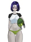  1girl alternate_costume ass_visible_through_thighs beast_boy_(dc) belly blush breasts collarbone colored_skin covered_nipples crop_top dc_comics forehead_jewel grey_skin highres holding holding_stuffed_toy large_breasts looking_at_viewer narrow_waist navel open_mouth pale_skin panties parted_hair purple_eyes purple_hair raven_(dc) short_hair short_sleeves simple_background solo standing stuffed_toy teen_titans tefi_blum thick_thighs thighs underwear white_background white_panties 