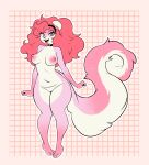 absurd_res accessory anthro breasts buckteeth choker clothing ecstasysemen female fluffy fluffy_tail fur geometric_background glistening glistening_body gloves_(marking) grid_background hair hair_accessory hairband heart_clothing heart_symbol hi_res jewelry leg_markings long_hair long_tail mammal markings messy_hair necklace open_mouth open_smile pattern_background pink_body pink_fur pink_hair purple_eyes rodent sciurid simple_background small_breasts smile socks_(marking) solo spira_(nickzilla) swirly_tail tail teeth thick_thighs tree_squirrel