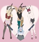  4boys abs absurdres alternate_costume animal_ear_hairband animal_ears apron arm_up armpits arms_up asymmetrical_legwear bare_pectorals bare_shoulders black_bow black_choker black_corset black_gloves black_leotard black_nails blue_bow blue_hair blush bow bowtie bracelet braid bridal_gauntlets brown_bridal_gauntlets brown_hair choker clothing_request collar commentary corset crimzon_ruze cropped_shirt crossdressing crossdressing_(mtf) detached_collar dinosaur_boy earrings embarrassed english_commentary fake_animal_ears feet fishnet_pantyhose fishnets frilled_apron frilled_skirt frills full_body garter_straps gloves goldbullet grey_background grin hair_between_eyes hair_bun hair_ornament hairband hairpin heart heart_apron heart_arms heart_arms_quartet heart_background highres holoarmis holostars holostars_english jewelry jurard_t_rexford kopi_art1 legs leotard long_hair male_focus male_playboy_bunny medium_hair mismatched_legwear mismatched_thighhighs multicolored_hair multiple_boys multiple_braids multiple_hairpins muscular muscular_male nail_polish navel octavio one_eye_closed open_mouth pantyhose pectoral_cleavage pectorals piercing pink_eyes playboy_bunny pointy_ears ponytail pose_request purple_bow purple_eyes purple_socks purple_thighhighs rabbit_ear_hairband rabbit_ears red_eyes red_hair red_shoes red_skirt ring scar scar_on_arm scar_on_chest sharp_teeth shirt shoes short_hair simple_background sitting skirt smile snakebite_(piercing) socks spiked_collar spikes spread_legs standing stomach strapless strapless_leotard sweatdrop tan teeth thigh_strap thighhighs thighs toes topless_male trap tri_braids two-tone_hair virtual_youtuber watch wrist_cuffs wristwatch yellow_bow yellow_eyes yellow_thighhighs zettai_ryouiki 