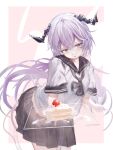  1girl abstract_background absurdres averting_eyes black_neckerchief black_skirt border cake cake_slice center-flap_bangs chinese_commentary commentary demon_horns echoine floating_hair food fruit girly_pose highres holding holding_cake holding_food holding_plate horns icing incoming_food long_hair neckerchief nervous original outside_border plate pleated_skirt purple_background purple_eyes purple_hair school_uniform serafuku short_sleeves skirt solo strawberry tsurime tube very_long_hair white_border white_serafuku 