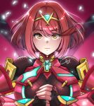  1girl alternate_eye_color bangs black_gloves bob_cut breasts closed_mouth earrings fingerless_gloves gloves glowing highres jewelry looking_at_viewer meowyin pyra_(xenoblade) red_background red_hair short_hair solo tiara xenoblade_chronicles_(series) xenoblade_chronicles_2 yellow_eyes 