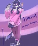  1boy 1girl athena_(j_stocky) closed_mouth colored_skin fakemon giant j_stocky monster_girl original pink_eyes pokemon purple_hair purple_skin speculative_evolution tall_female 