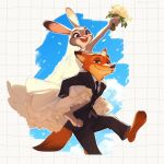  1boy 1girl alternate_costume animal_ears animal_feet animal_nose arm_up black_jacket black_necktie black_pants bouquet bridal_veil bride carrying commentary couple dress fox_boy fox_ears fox_tail frilled_dress frills furry furry_female furry_male furry_with_furry green_eyes happy hetero highres holding holding_bouquet husband_and_wife interspecies jacket judy_hopps necktie nick_wilde official_style pants piggyback purple_eyes rabbit_ears rabbit_girl smile suit tail tomoe_(shoushou781) veil wedding wedding_dress white_dress zootopia 