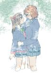  2girls black_hair black_jacket blush bow bowtie cardigan chabo_(starchabo) commentary_request day green_bow green_bowtie green_skirt hand_on_another's_head hand_on_another's_waist highres jacket love_live! love_live!_school_idol_project medium_hair multiple_girls nishikino_maki open_mouth otonokizaka_school_uniform outdoors pink_cardigan plaid_clothes plaid_skirt pleated_skirt red_hair school_uniform skirt smile twintails yazawa_nico yuri 