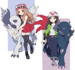  2girls absol belt black_shoes blue_shoes brown_belt brown_eyes brown_hair closed_mouth commentary_request dusk_ball eyelashes eyewear_on_headwear green_jacket grey_eyes harmony_(pokemon) hat highres holding holding_poke_ball jacket kuru_(4rfw7) mega_absol mega_absol_z multiple_girls open_clothes open_jacket pants pink_hat pleated_skirt poke_ball pokemon pokemon_(creature) pokemon_legends:_z-a pokemon_x_and_y red_skirt ribbed_socks serena_(pokemon) shirt shoes skirt sleeveless sleeveless_shirt smile socks sunglasses thighhighs 