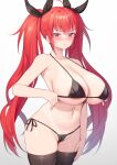  1girl alexmaster alternate_costume areola_slip areolae azur_lane bangs bare_shoulders bikini black_bikini blush breasts cameltoe cleavage clothes_pull collarbone honolulu_(azur_lane) huge_breasts large_areolae long_hair looking_at_viewer mole mole_on_breast red_eyes red_hair solo swimsuit tan tanlines thighs twintails 