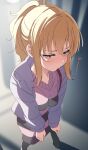  1girl absurdres black_socks blonde_hair blue_jacket blurry blurry_background blush breasts brown_eyes commentary_request dress from_above half-closed_eyes highres jacket long_sleeves looking_at_viewer love_live! love_live!_nijigasaki_high_school_idol_club medium_breasts medium_hair miyashita_ai ponytail pout sidelocks socks solo striped_clothes striped_dress tata_(tataice) 