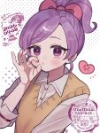  1girl absurdres artist_name blush bow cheek_pinching commentary dated hair_bow heart highres kimi_no_koto_ga_dai_dai_dai_dai_daisuki_na_100-nin_no_kanojo long_sleeves looking_at_viewer momi_momiji pinching ponytail pout purple_eyes purple_hair red_bow shirt simple_background solo sweater_vest swept_bangs translated twitter_username upper_body watermark white_background white_shirt wing_collar yellow_sweater_vest zarame_niboshi 