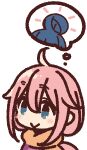  1girl :&gt; ahoge bangs blue_eyes blue_hair blush_stickers chibi closed_mouth dark_blue_hair eyebrows eyebrows_visible_through_hair from_side gradient_eyes hair_between_eyes hair_bun hair_flaps imagining jaggy_lines kagamihara_nadeshiko looking_ahead multicolored_eyes no_nose notice_lines orange_scarf pink_hair portrait scarf shima_rin simple_background solo tareme thought_bubble white_background yoru_nai yurucamp 